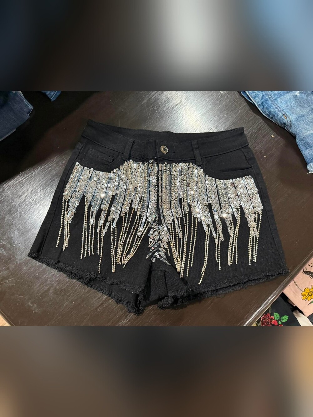 Black Sequin & Rhinestone Fringe Women's Shorts